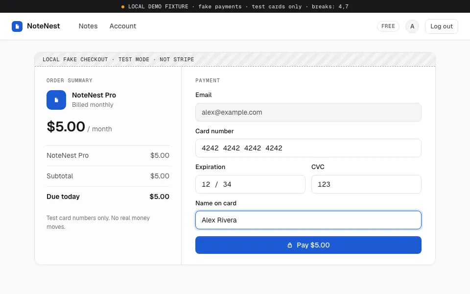 Our demo app's checkout with the test card filled in (captured separately from the run).