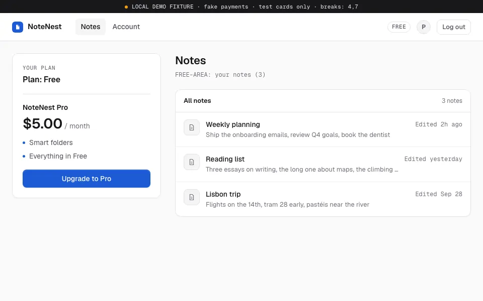 Our demo app after paying: still on the free plan. “Still locked after 6s of retries (at /dashboard)”.