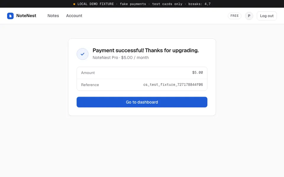 Our demo app after the test payment: “Returned to the app at /success”.